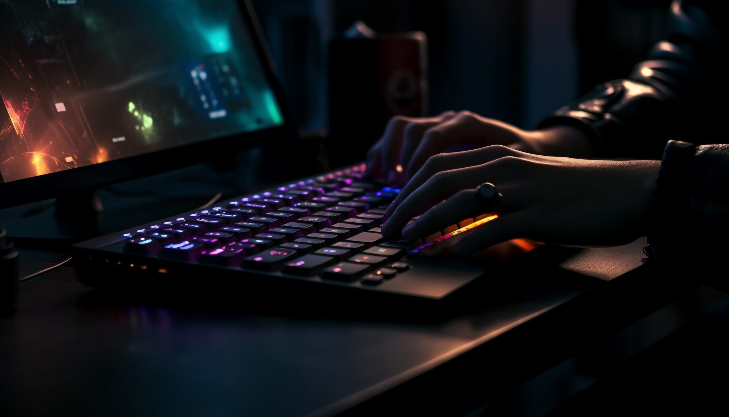 Busy programmer typing e mails on illuminated laptop generative AI mejores portátiles gaming calidad precio